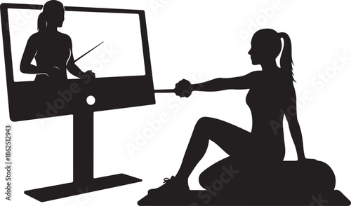 A woman exercises on a rowing machine in front of a computer screen