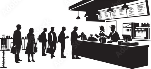 A group of people waiting in line at a counter