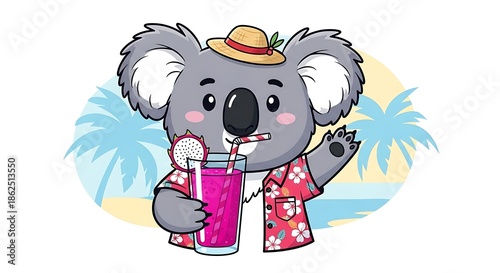 Cartoon Koala Enjoying Tropical Drink on Beach.