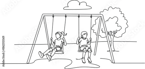  Line drawing of children swing on a swing. vector illustration of two girls happily swing in a park on swing. Minimalist style. 