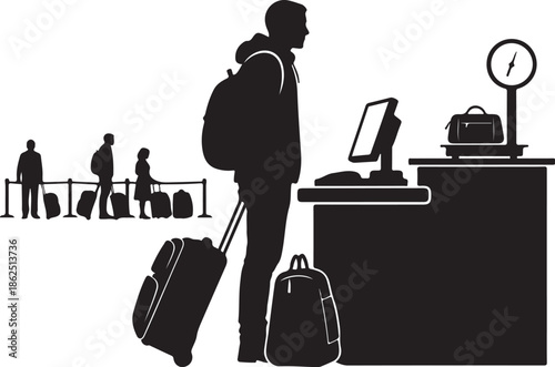 A silhouette of a man with luggage at an airport check-in counter