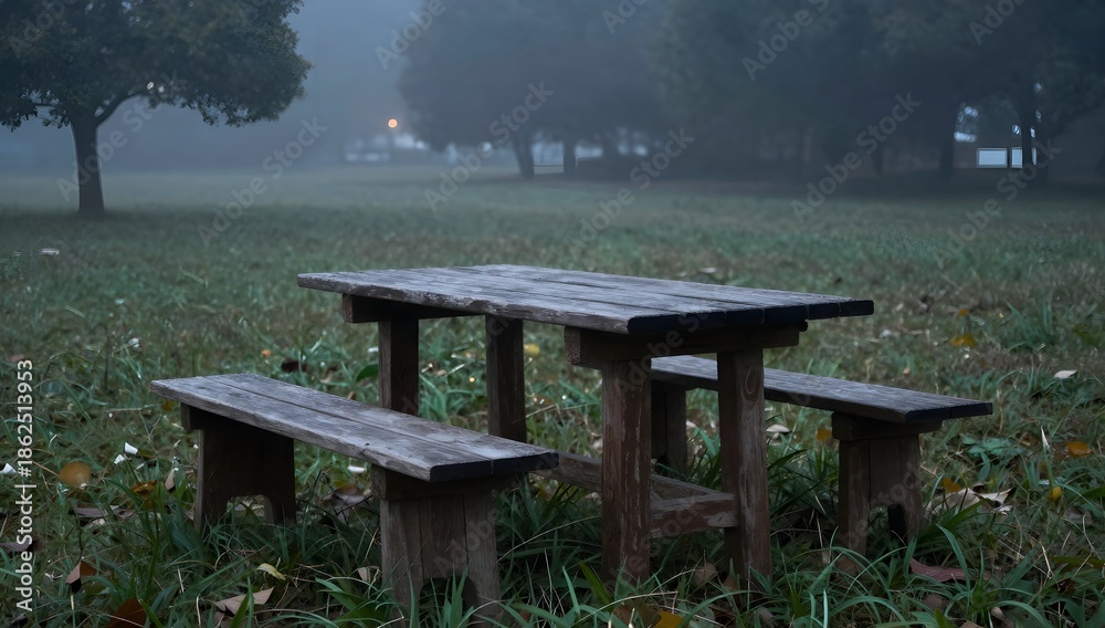 Fototapeta premium Wooden picnic table stands alone in a misty, atmospheric park