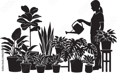 A woman tends to her collection of potted plants