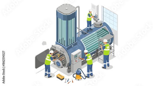 Illustration of industrial workers operating and maintaining a large blue machine with tools on the floor in a factory setting.