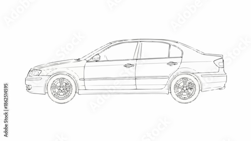 Detailed Line Art Illustration of a Modern Sedan Car.