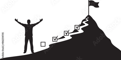 A man stands triumphantly on a mountain peak with a flag