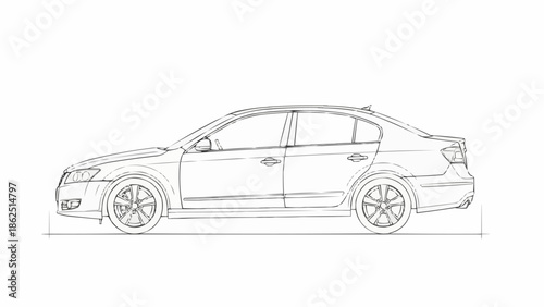Detailed Line Art Illustration of a Modern Sedan Car.