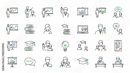 Doodle style education and learning icons set, hand-drawn vector symbols.