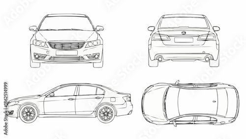 Detailed Car Blueprint - Front, Back, Side, and Top Views.