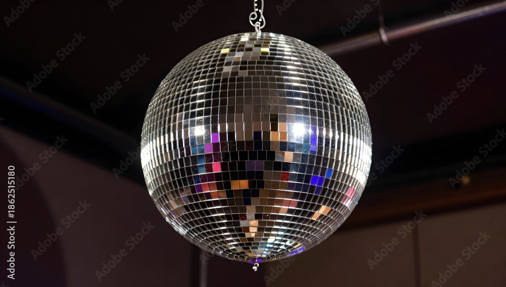 Obraz premium Shiny disco ball hanging from a metal chain in a dark room creates atmosphere