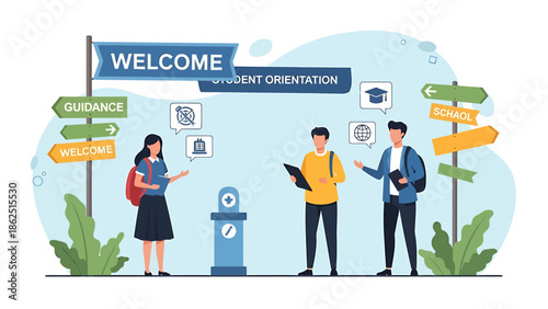 Students at Welcome Orientation with Signposts.