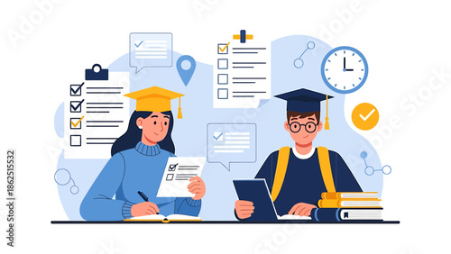 Students in graduation caps studying diligently with checklists and laptops.