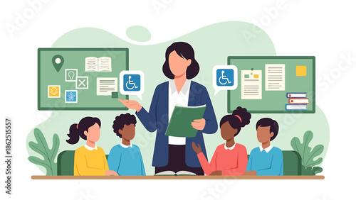 Teacher educating diverse children about accessibility and inclusion.