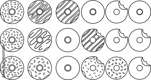 Set of hand drawn donut icons featuring sprinkles, glaze, and bite marks in black outline style.