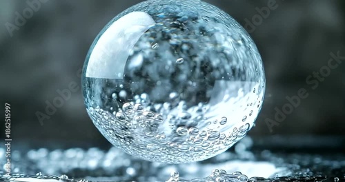 Crystal-clear water bubble reflecting light and texture