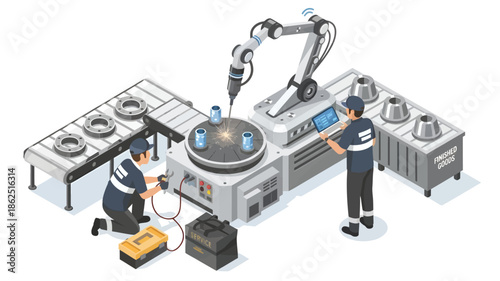 Isometric illustration of two technicians working with industrial robotic equipment in a factory setting with a modern industrial aesthetic.