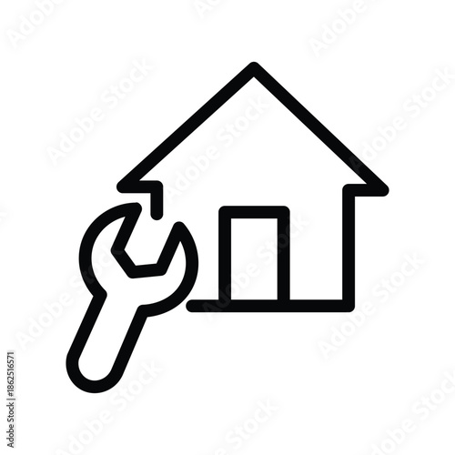 Minimal line icon of a house with a screwdriver symbolizing home repair maintenance and technical service