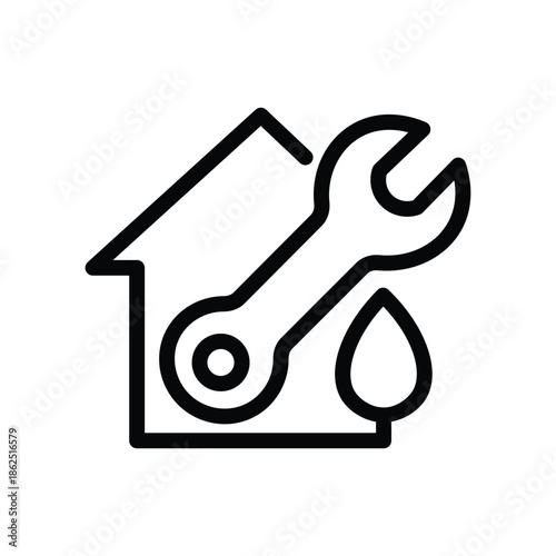 Minimal line icon of a house combined with a screwdriver and a water drop representing home maintenance repair plumbing and technical services