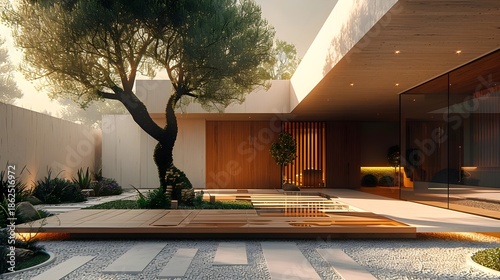 Modern House Facade Minimalist White-Plaster Dark-Wood Brazilian Tropical Geometry Solitary Tree Soft Daylight Elegant Design Luxurious Serenity (AI-Generated)