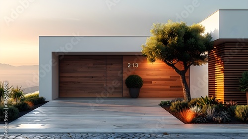 Modern House Facade Minimalist White-Plaster Dark-Wood Brazilian Tropical Geometry Solitary Tree Soft Daylight Elegant Design Luxurious Serenity (AI-Generated)