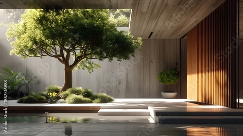 Modern House Facade Minimalist White-Plaster Dark-Wood Brazilian Tropical Geometry Solitary Tree Soft Daylight Elegant Design Luxurious Serenity (AI-Generated)