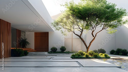 Modern House Facade Minimalist White-Plaster Dark-Wood Brazilian Tropical Geometry Solitary Tree Soft Daylight Elegant Design Luxurious Serenity (AI-Generated)