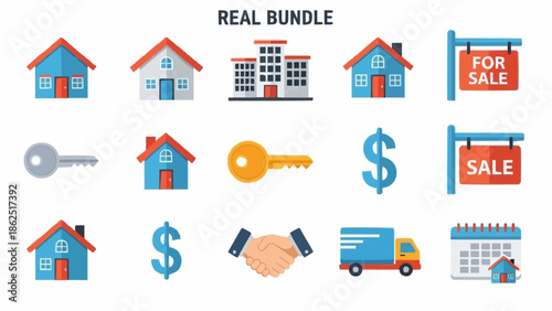 Real Estate Bundle - Houses, Keys, Signs, and Financial Icons.