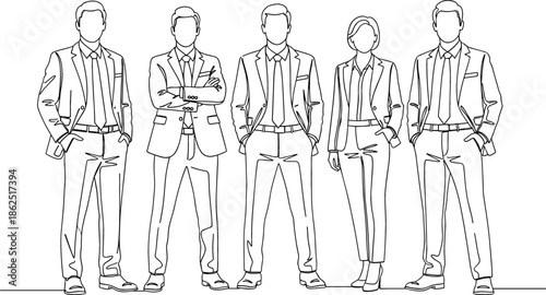 Continuous black line art illustration of a diverse professional business team standing together in suits on a white background