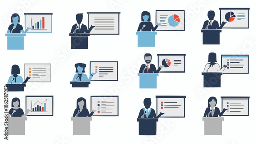Diverse Speakers Presenting Data at Podium with Charts and Graphs.