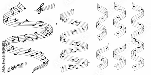 Swirling ribbons of musical notes and staff lines create an abstract design