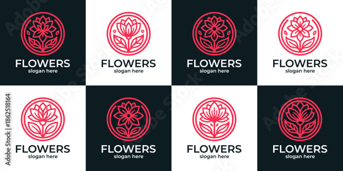 Collections of beauty flower logo. Abstract flower with line style in circle logo design vector illustration