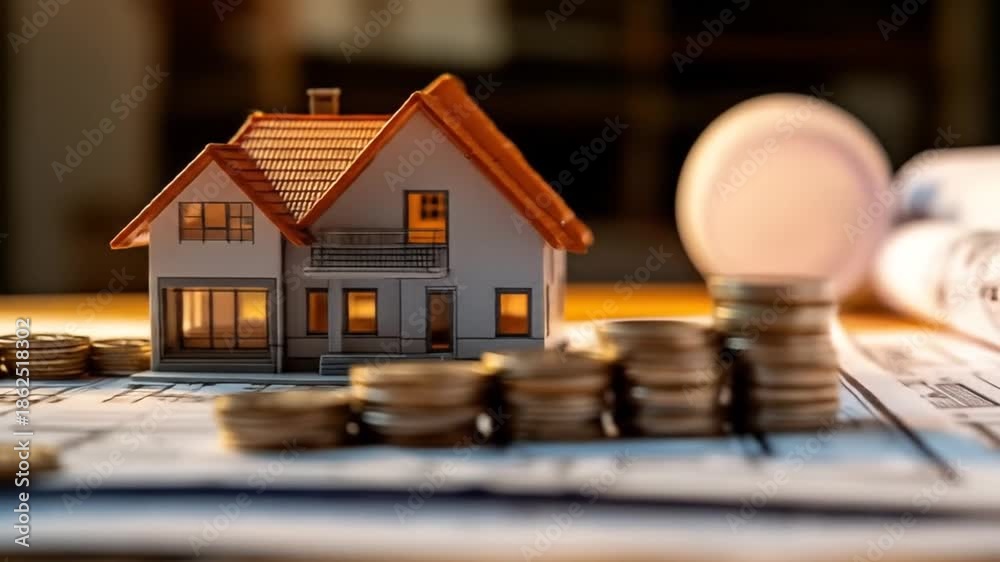 custom made wallpaper toronto digitalMiniature house model on blueprints, surrounded by stacks of coins, illuminated by warm light
