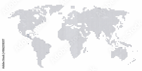A dotted world map illustration showing continents and oceans in monochrome