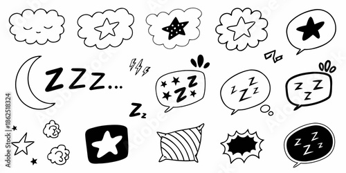 Dreamy sleep elements stars clouds crescent moon and zzz s on a white background