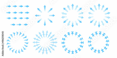 Collection of blue arrows arranged in linear and circular patterns