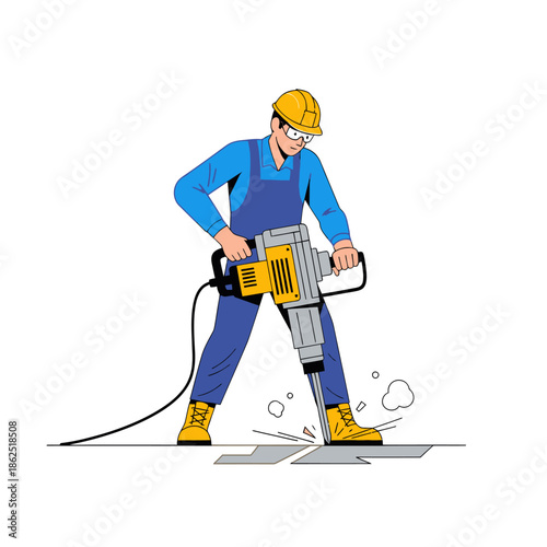 Illustration of a construction worker using a power drill to perform building tasks on a