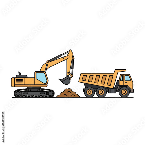 construction machinery excavator loading dirt into dump truck illustrating earthmoving work activity