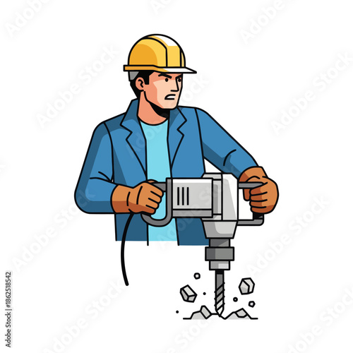 Illustration of a construction worker operating a jackhammer in a construction site setting