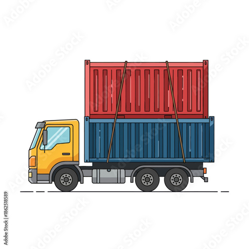 Colorful Delivery Truck with Stacked Container Attachments and Geometric Design