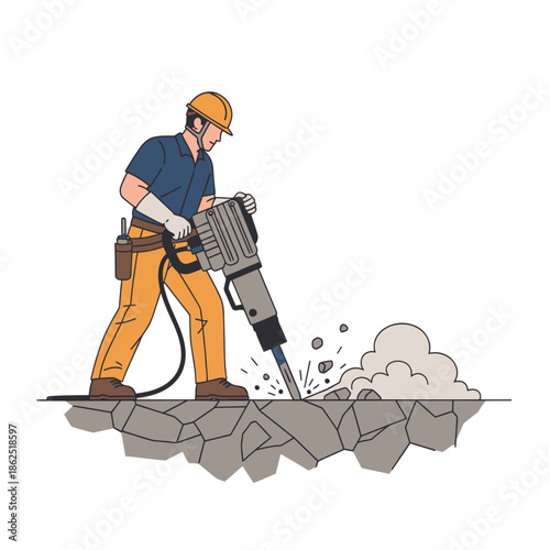 Construction worker using a jackhammer to break pavement on urban street scene during daytime