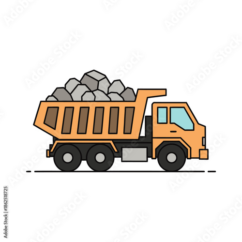 Illustration of a mining dump truck conveying a large load of rocks in a minimalistic style