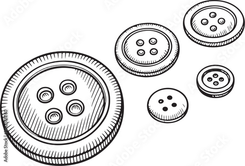 Buttons and fasteners in Textile Industry Hand-drawn Sketch Drawing Vector Illustration, Line Linear Symbol Engraving Coloring Book, Black and White Isolated