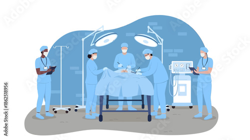 Illustration of a surgical team performing an operation in a hospital with blue scrubs and masks.