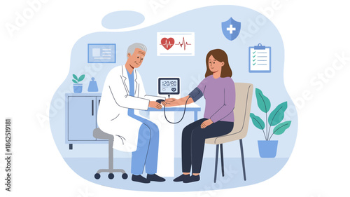 Illustration of a doctor checking a patient's blood pressure in a clinic
