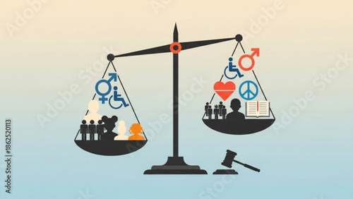 Balancing scales with diverse people and symbols representing equality, justice, and peace