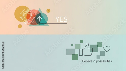 Colorful abstract graphic design with thumbs up and heart symbols for positivity