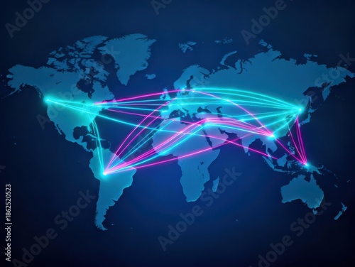 Global network concept on world map, interconnected lines represent data flow