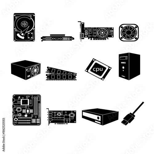 Solid black icon set of computer hardware components including hard drive, graphics card, CPU, motherboard, RAM, power supply, case, cooling fan, cable, and storage devices.
