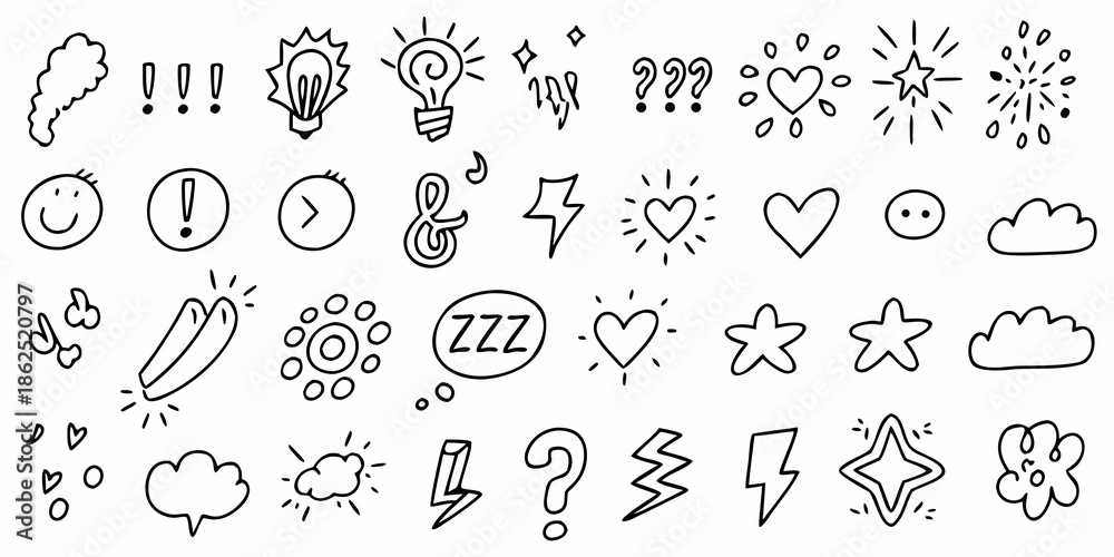 Fototapeta premium Collection of hand drawn doodle icons including weather emotions and abstract symbols