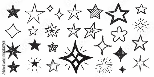 Collection of hand drawn stars diamonds and sparkles in black and white